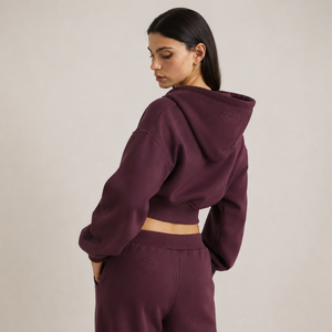 Unisex Maroon Hooded Cropped <b>Hoodie</b> Jogger Set Full Sleeve <b>Zip</b>-Up Loose Fit Lightweight Streetwear 2-in-1 Tracksuit Side <b>Pockets</b> - Product Image 2