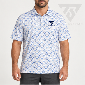 Trackstar Men's <b>White</b> Blue Fan Print <b>Polo</b> Shirt Short Sleeve Button Collar Casual <b>Golf</b> Shirt Custom Logo - Product Image 1
