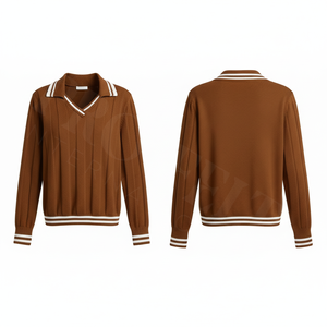 Camiseta Polo de Punto Acanalado con Cuello en V, Estilo Moderno, Cuello en Contraste, Suéter Informal para Otoño e Invierno, Color Personalizado, Elegante y Cómodo - Product Image 5