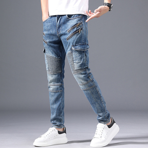 Nuevos Jeans Cargo de Mezclilla Premium para Hombre, Corte Slim, Lavado a la Piedra, con Cierres, Estilo Moto, Cintura Media, Transpirables, de Algodón, para Otoño - Product Image 6