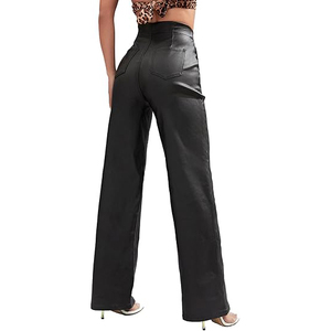 Women Genuine Leather Pants High Waist Regular Fit Stretch Faux Leather Straight Trousers Casual Streetwear Windproof - Product Image 4