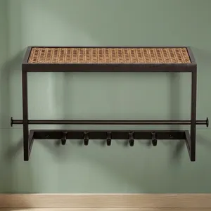 Étagère murale en métal avec assise tressée et crochets pour manteaux, design minimaliste pour salle de bain, organisateur multifonctionnel - Product Image 4