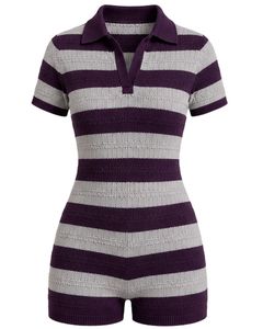 Combinaison en tricot rayée violet foncé et blanc pour femme, manches courtes, col polo, coton, été, décontractée, une pièce, coupe ajustée, personnalisable - Product Image 4
