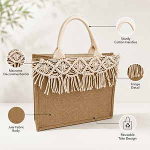 Bolso de Yute Ecológico con Encaje de Macramé Decorativo y Asas de Algodón, Bolso Tote Reutilizable y Elegante para Mujer - Product Image 6