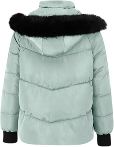 Unisex Light Green <b>Thick</b> <b>Fleece</b> Hooded Embroidered Anti-shrink Puffer <b>Jacket</b> Fur Trim Windproof Zipper Closure Casual Winter - Product Image 2