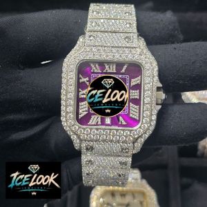 Montre mécanique à cadran carré avec bracelet en cristal, cadran violet, strass, bijoux de mode pour hommes - Product Image 1
