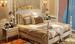 Deluxe Carved Four <b>Poster</b> Bedroom Set for Grand Villas French Style Golden Wooden Bed With Side Stools Queen Size Bed For Homes - Product Image 4