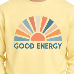 OEM Custom Light Yellow Fleece <b>Sweatshirt</b> Vintage Sun Rays Screen Print Good Energy <b>Slogan</b> Men Casual <b>Sweatshirt</b> - Product Image 3