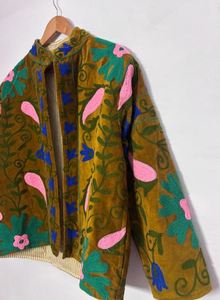 White Floral Embroidery Velvet Kimono <b>Cardigan</b> Long Sleeve Loose Fit Mandarin Collar Autumn Casual Beautiful Elegant Boho - Product Image 2