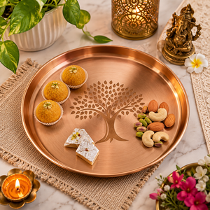 Plateau de prière en cuivre fait main gravé, plateau de Puja, plateau d'Aarti, plateau de prière, décoration de temple, cadeau de Diwali, vente en gros Inde - Product Image 3