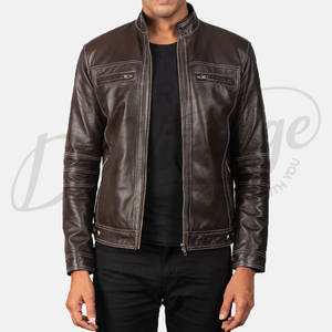Veste en cuir véritable marron foncé pour homme, style motard, coupe ajustée, avec surpiqûres blanches contrastées, manteau d'hiver en cuir véritable - Product Image 1