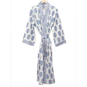Bata Kimono Azul con Estampado, Cuello en V, Ropa de Dormir Informal, 100% Algodón Transpirable, Larga, con Cierre de Cinturón, Mangas Largas, Suave - Product Image 1