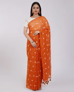 KV Reiya <b>Orange</b> Embroidered Mulmul Cotton <b>Saree</b> - Product Image 1