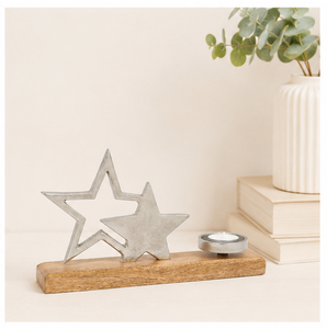Luxury Silver Metal Double Star Tea Light <b>Candle</b> Holder With Natural Mango Wood Base For Christmas Festive Home Decoration - Product Image 4