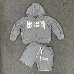 Custom Patch Applique Embroidered Letter Raw Hem Acid Wash <b>Summer</b> Casual Hoodies and Shorts Set <b>Men's</b> Cotton Canvas Tracksuit - Product Image 5