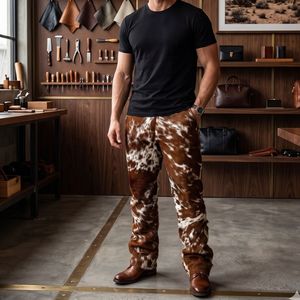 Pantalon en cuir de vachette véritable pour homme |   Pantalon en cuir fait main à imprimé vache marron et blanc |   Mode western cowboy ranch - Product Image 6