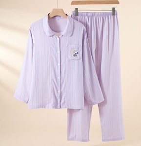 Pijamas de Algodón a Rayas para Mujer, Manga Larga, Bordadas, Ropa de Dormir Informal, Cuello Camisero, Cierre de Botones - Product Image 2