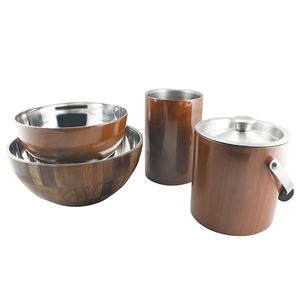 Cubo de hielo enfriador de vino, juego de Bar, tazón, impresión exterior de madera, acero inoxidable a precios al por mayor, 4 Uds. - Product Image 1