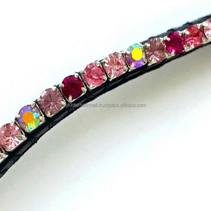 Dernière conception de grands cristaux multicolores Bling Leather Horse Brow Band en cuir véritable noir en forme de vague Horse Brow Band - Product Image 6