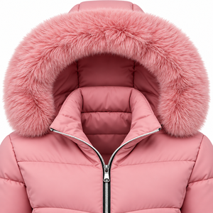 Veste longue matelassée unisexe rose à capuche en fourrure, manteau d'hiver en toile avec blocs de couleur, garniture en fourrure, fermeture éclair, coupe-vent, épaisse, coupe ajustée, décontractée - Product Image 3