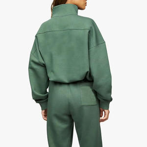 Conjunto Deportivo de Mujer, Color Verde Sólido, con Cierre de Media Cremallera, Manga Larga, Corte Holgado, Informal, 100% Algodón, Sudadera Otoñal con Bolsillos Laterales - Product Image 4