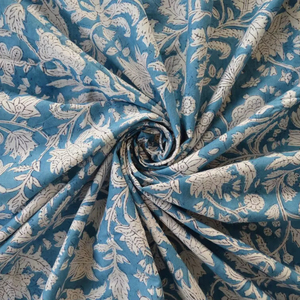 ผ้าฝ้ายแท้ 100% สีฟ้าอมเขียว ลายดอกไม้ พิมพ์ลายด้วยมือ |   ผ้าลายเถาวัลย์จากสวนพฤกษศาสตร์ชัยปุระขายส่ง - Product Image 1