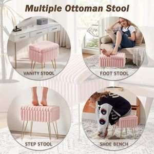 Tabouret de coiffeuse multifonctionnel en métal doré, ottoman rembourré, rangement, chaise de maquillage pour chambre à coucher, salon, décoration intérieure, idée cadeau - Product Image 4