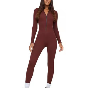 Combinaison moulante à manches longues et fermeture éclair pour femme, taille haute, couleur unie, coupe ajustée, longueur intégrale, col en V, effet ventre plat, style streetwear - Product Image 3