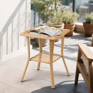 Tavolino Laterale in Vimini Beige per Esterni con Piano in Vetro, Tavolino in Rattan per Interni, Giardino, Portico, Balcone, Patio, Tavolino da Caffè e Bistrot - Product Image 6