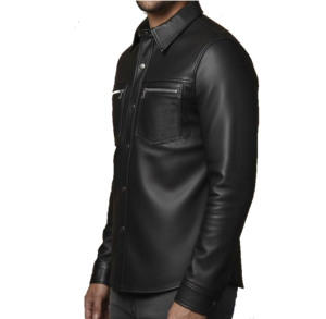 Chemise en cuir noir pour homme, manches longues, col rabattu, style motard, chemise décontractée, couleur unie, vêtements d'automne, mode cuir - Product Image 2