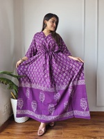 Robe longue violette à imprimé floral 100 % coton écologique, col en V, style bohème ample, manches trois quarts, broderie main, pour le quotidien