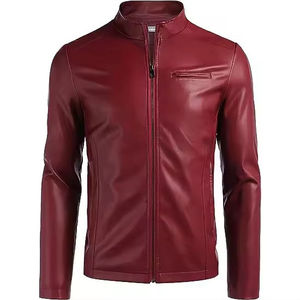 Classic Customizable Men's <b>Leather</b> Jacket with Zipper Closure Slim Fit Stand Collar High Street Style Winter Front Logo embossed - Product Image 1