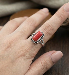 Bague en argent sterling 925 pur avec pierre précieuse en corail rouge naturel pour femmes, plaquée or rose et or jaune, bijoux vintage faits à la main pour elle - Product Image 3