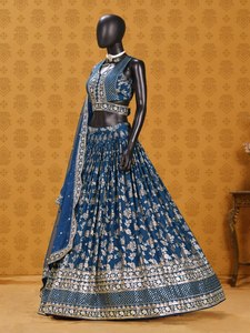 Ensemble Lehenga Choli en soie brodée bleue avec dupatta en filet, tenue traditionnelle indienne pour mariage, longueur standard pour femme, séchage rapide - Product Image 5