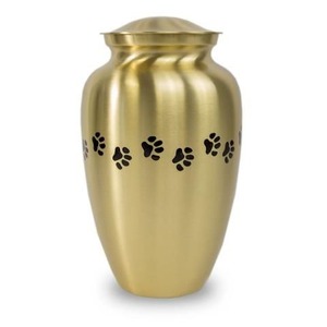 Brass Pet Urn with Black Paw Print Design Cylindrical Modern Sympathy <b>Vase</b> for Animal <b>Memorial</b> Gift - Product Image 1