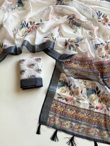 Sari en lin doux avec bordure tissée jacquard, imprimé numérique floral, chemisier imprimé – Tenue de soirée - Product Image 3