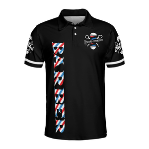 เสื้อยืดบาร์เบอร์ผู้ชายสุดเท่ พิมพ์ลายแบบซับลิเมชั่น โลโก้ส่วนตัว พิมพ์ลายซับลิเมชั่นทั้งตัว ผ้าโพลีเอสเตอร์ แขนสั้น คอวี สำหรับร้านตัดผม - Product Image 1