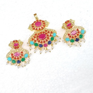 RAY FINE ORNATES Trendy Princess Cut Multi Gemstone Bridal <b>Statement</b> <b>Necklace</b> & Earrings Set Turquoise Emerald Pearl Gold Plated - Product Image 2