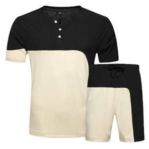 Ensemble T-shirt et short pour homme 100 % coton, respirant, col montant, en maille, décontracté, délavé à l'acide, 250 GSM, 2 pièces, tenue d'été - Product Image 1