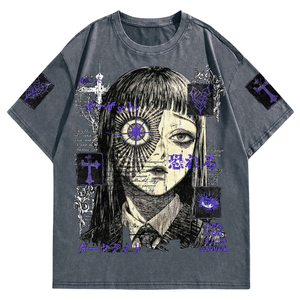 Vintage Washed <b>Gothic</b> Graphic 100% Cotton Jersey <b>T</b>-<b>Shirt</b> O-Neck Short Sleeve Streetwear Tee Front Print Sleeve Patch Boxy Fit - Product Image 1