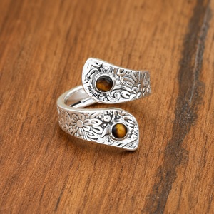 Handmade <b>Tiger</b> <b>Eye</b> Adjustable <b>Ring</b> 925 Sterling Silver Boho Flower Engraved Jewelry for Women - Product Image 1