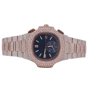 Reloj de Lujo para Hombre con Diamantes de Dos Tonos, VVS Moissanite, Oro Rosa, Esfera Azul Plateada, Reloj de Pulsera Hip Hop Personalizado - Product Image 1