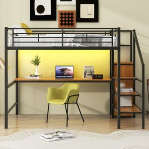 <b>Black</b> Full-Size Metal Loft <b>Bed</b> with LED Light Desk <b>Storage</b> Staircase Small Wardrobe - Product Image 2