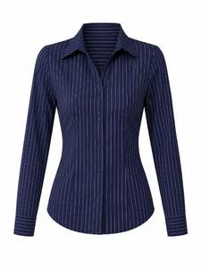 Camisa de Mujer con Botones y Rayas Finas Azul Marino, Manga Larga, Cuello Clásico, Corte Clásico, Blusa para Oficina, Largo Regular, Tela Popelina - Product Image 3