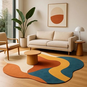 Alfombra moderna abstracta de diseño ondulado y colorido, hecha a mano con lana suave, para decoración de sala de estar o dormitorio, tapete de forma única. - Product Image 6