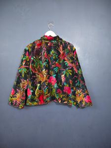 Handmade Suzani Velvet Jacket Floral Print Velvet Jacket Mandarin Collar <b>Three</b> Quarter Sleeve Loose Fit Casual Autumn Wear - Product Image 2