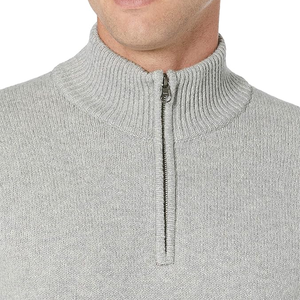 Men's Light Gray <b>Quarter</b> <b>Zip</b> Knitted Cotton Embroidered Zipper <b>Sweater</b> Regular Fit Stand Collar Winter Solid Color Pullover - Product Image 4