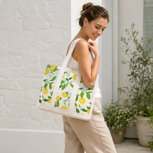 Custom Printed Cotton Canvas <b>Beach</b> Tote <b>Bag</b> 240 GSM Lemon Pattern <b>Large</b> Capacity Wholesale OEM Private Label Manufacturer - Product Image 6