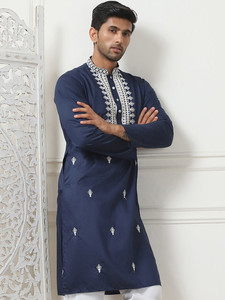 <b>Men's</b> Navy Blue Embroidered Kurta <b>Pajama</b> <b>Set</b> Traditional Indian Pakistani Ethnic Wear - Product Image 5