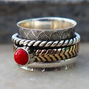 Anillo Giratorio de Coral Rojo al por Mayor, Plata de Ley 925, Hecho a Mano, Anillo Giratorio Antiestrés, Anillo Vintage con Múltiples Bandas de Piedras Preciosas - Product Image 5